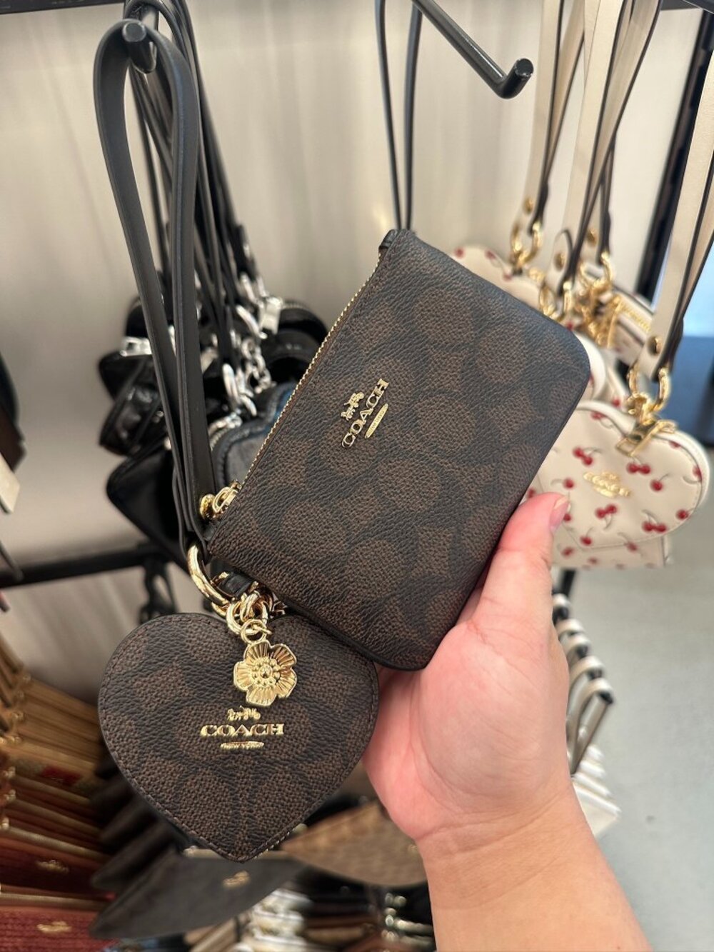 NWT! Coach CEO28 Wristlet And Heart Pouch Signature Canvas Charm In Walnut/Black